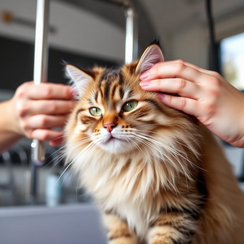 Calm fluffy cat being gently brushed during a grooming session