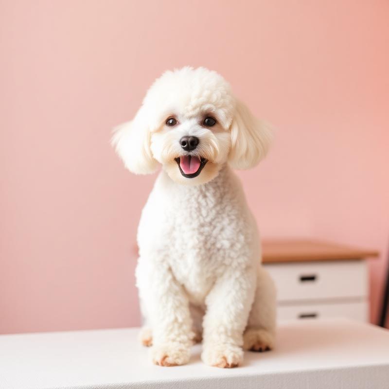 Freshly groomed white poodle with a stylish haircut