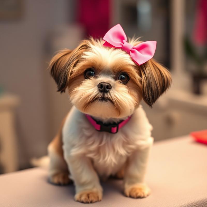 Cute Shih Tzu with a pink bow after grooming