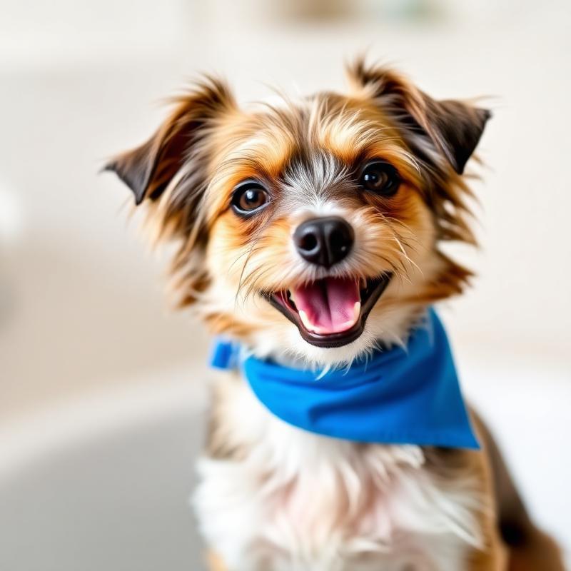 Happy terrier mix wearing a blue bandana after a bath